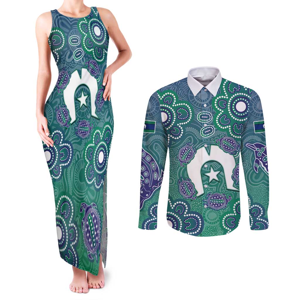 Sea Turtle Torres Strait Islands Couples Matching Tank Maxi Dress and Long Sleeve Button Shirt Pacific Indigenous Australian Oceanic Dot Art