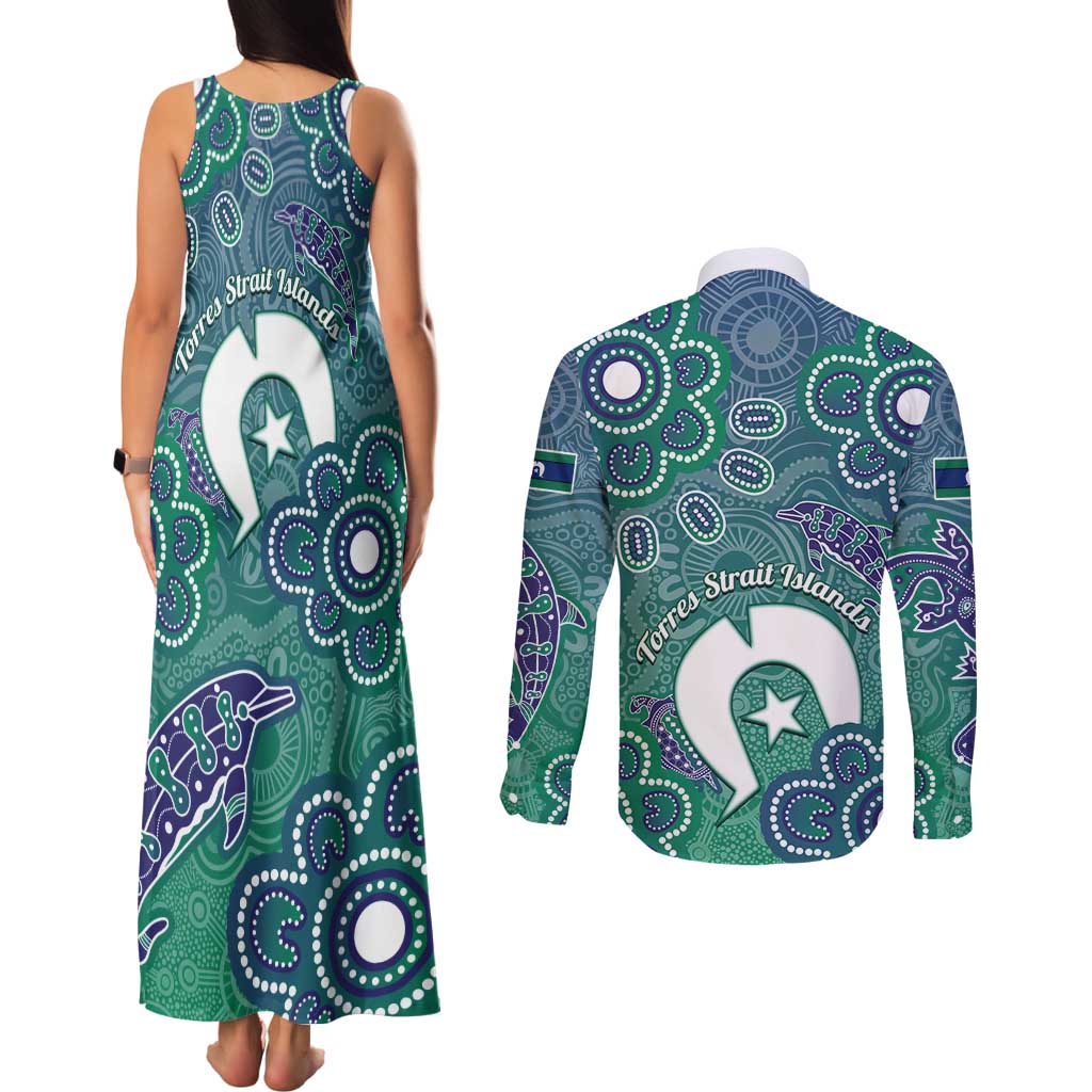 Sea Turtle Torres Strait Islands Couples Matching Tank Maxi Dress and Long Sleeve Button Shirt Pacific Indigenous Australian Oceanic Dot Art