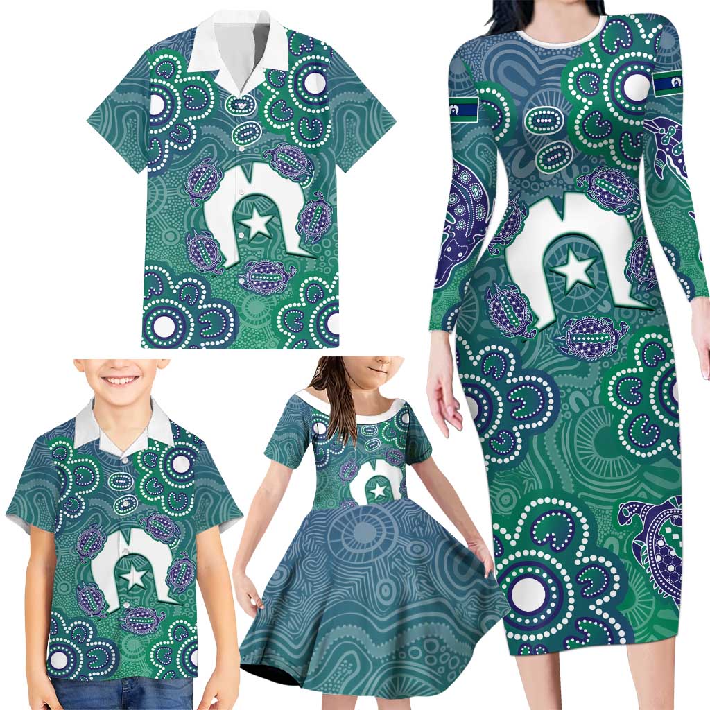 Sea Turtle Torres Strait Islands Family Matching Long Sleeve Bodycon Dress and Hawaiian Shirt Pacific Indigenous Australian Oceanic Dot Art