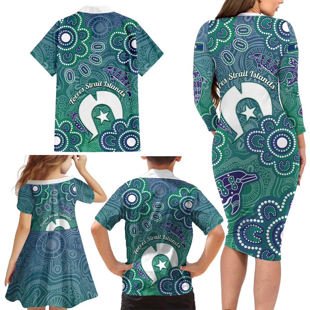 Sea Turtle Torres Strait Islands Family Matching Long Sleeve Bodycon Dress and Hawaiian Shirt Pacific Indigenous Australian Oceanic Dot Art