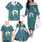 Sea Turtle Torres Strait Islands Family Matching Off The Shoulder Long Sleeve Dress and Hawaiian Shirt Pacific Indigenous Australian Oceanic Dot Art