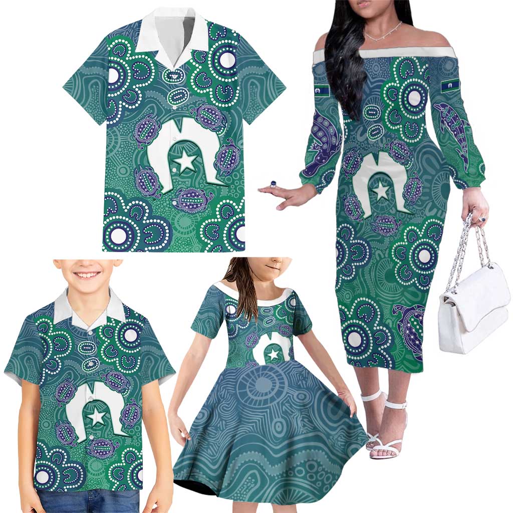 Sea Turtle Torres Strait Islands Family Matching Off The Shoulder Long Sleeve Dress and Hawaiian Shirt Pacific Indigenous Australian Oceanic Dot Art