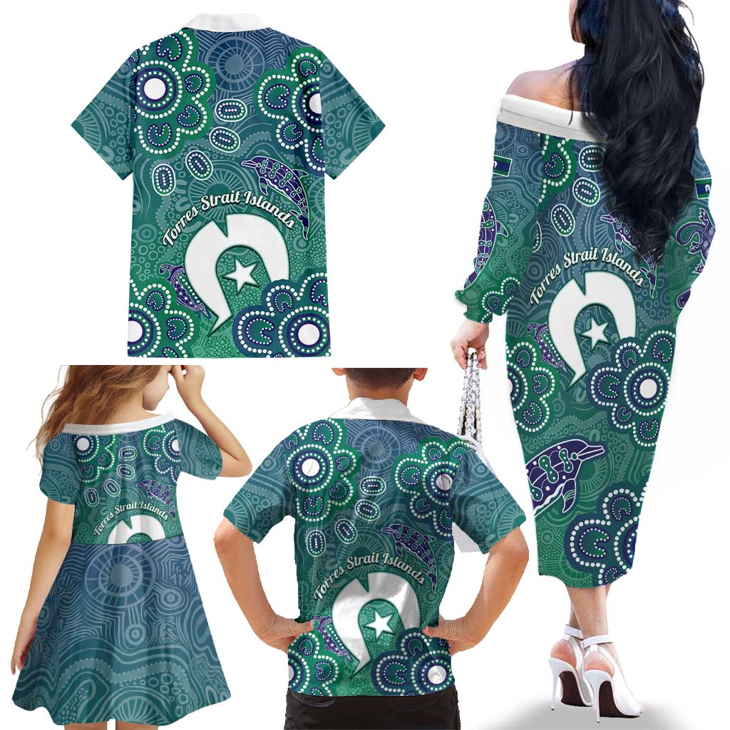 Sea Turtle Torres Strait Islands Family Matching Off The Shoulder Long Sleeve Dress and Hawaiian Shirt Pacific Indigenous Australian Oceanic Dot Art