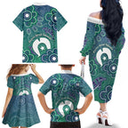 Sea Turtle Torres Strait Islands Family Matching Off The Shoulder Long Sleeve Dress and Hawaiian Shirt Pacific Indigenous Australian Oceanic Dot Art