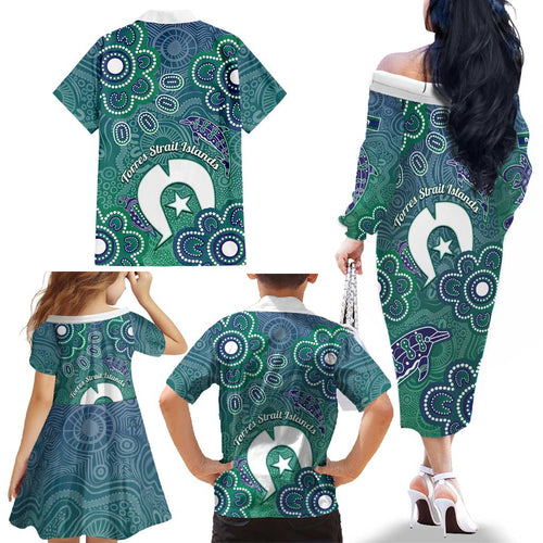 Sea Turtle Torres Strait Islands Family Matching Off The Shoulder Long Sleeve Dress and Hawaiian Shirt Pacific Indigenous Australian Oceanic Dot Art