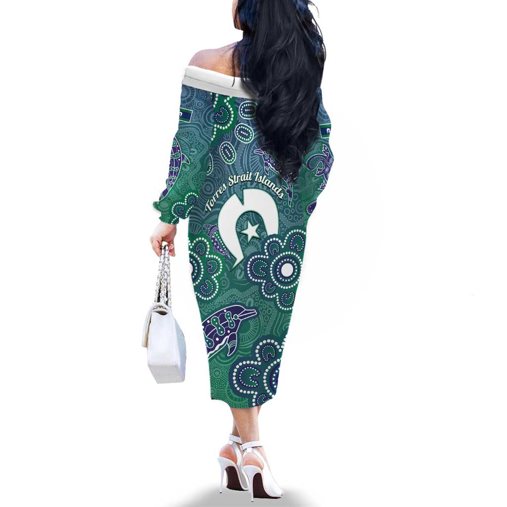 Sea Turtle Torres Strait Islands Family Matching Off The Shoulder Long Sleeve Dress and Hawaiian Shirt Pacific Indigenous Australian Oceanic Dot Art