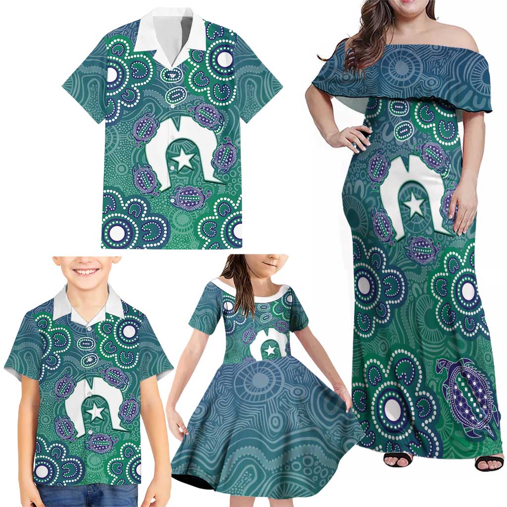 Sea Turtle Torres Strait Islands Family Matching Off Shoulder Maxi Dress and Hawaiian Shirt Pacific Indigenous Australian Oceanic Dot Art