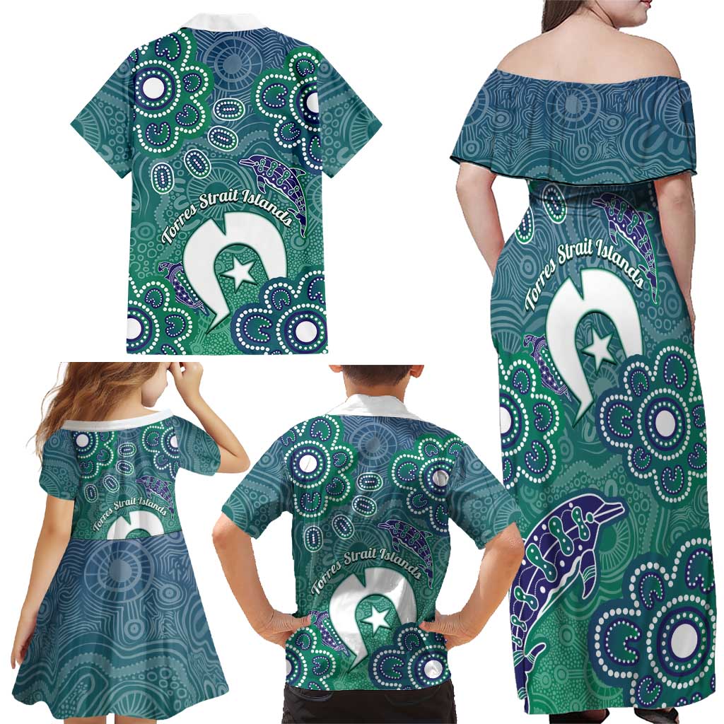 Sea Turtle Torres Strait Islands Family Matching Off Shoulder Maxi Dress and Hawaiian Shirt Pacific Indigenous Australian Oceanic Dot Art