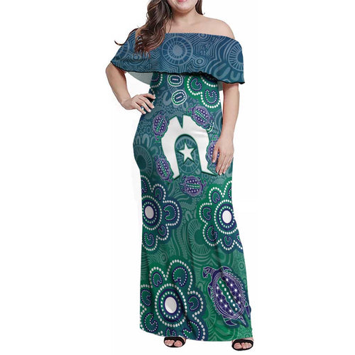 Sea Turtle Torres Strait Islands Family Matching Off Shoulder Maxi Dress and Hawaiian Shirt Pacific Indigenous Australian Oceanic Dot Art