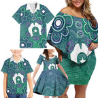 Sea Turtle Torres Strait Islands Family Matching Off Shoulder Short Dress and Hawaiian Shirt Pacific Indigenous Australian Oceanic Dot Art