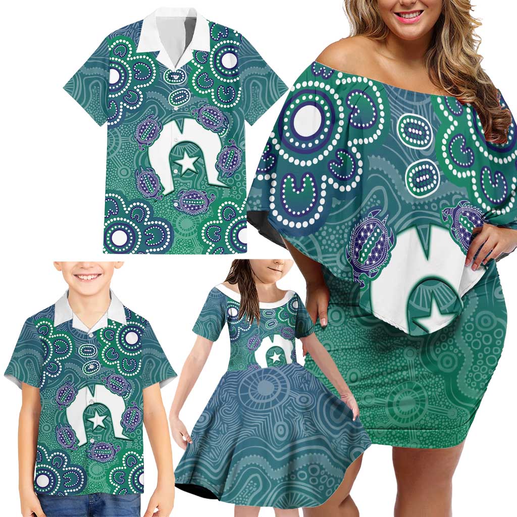 Sea Turtle Torres Strait Islands Family Matching Off Shoulder Short Dress and Hawaiian Shirt Pacific Indigenous Australian Oceanic Dot Art