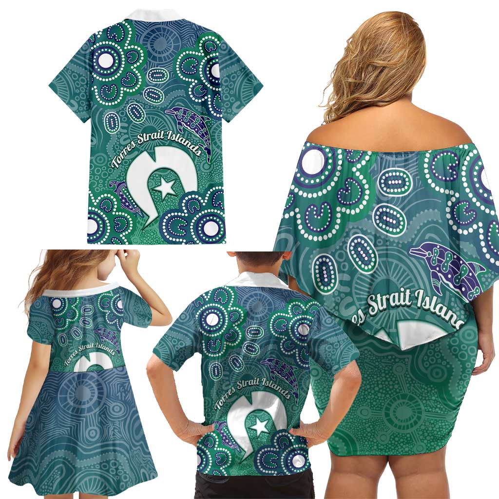 Sea Turtle Torres Strait Islands Family Matching Off Shoulder Short Dress and Hawaiian Shirt Pacific Indigenous Australian Oceanic Dot Art