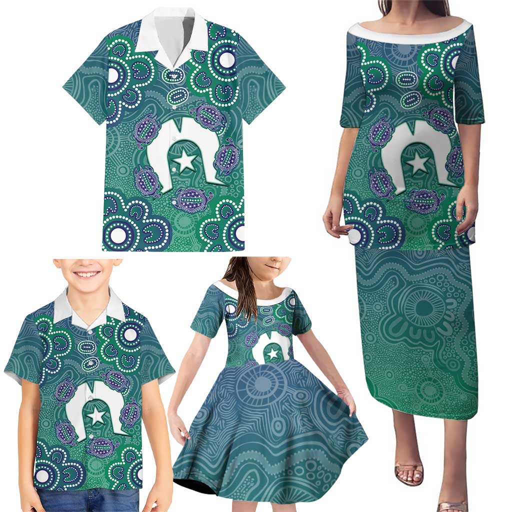 Sea Turtle Torres Strait Islands Family Matching Puletasi and Hawaiian Shirt Pacific Indigenous Australian Oceanic Dot Art