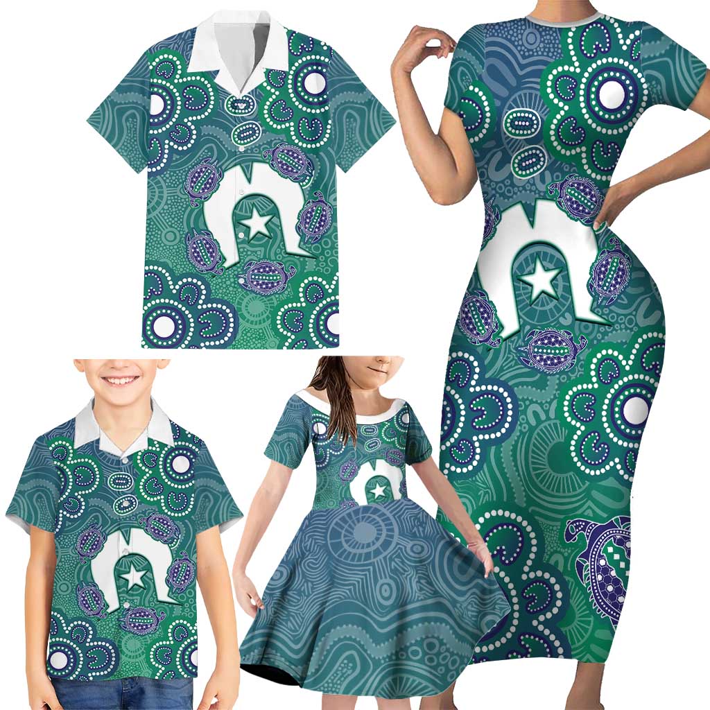 Sea Turtle Torres Strait Islands Family Matching Short Sleeve Bodycon Dress and Hawaiian Shirt Pacific Indigenous Australian Oceanic Dot Art