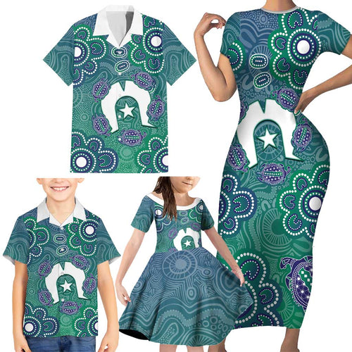 Sea Turtle Torres Strait Islands Family Matching Short Sleeve Bodycon Dress and Hawaiian Shirt Pacific Indigenous Australian Oceanic Dot Art