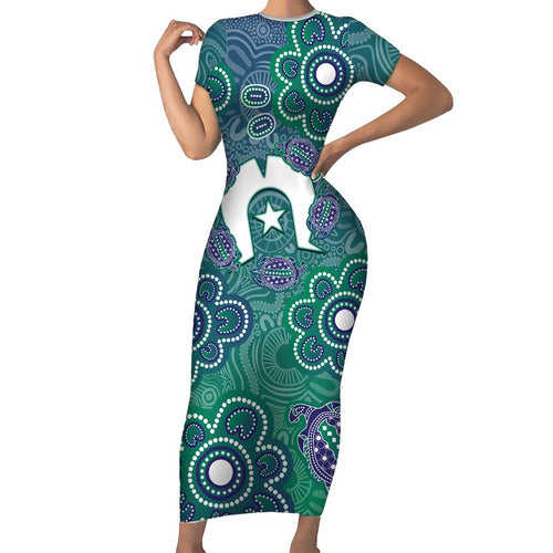 Sea Turtle Torres Strait Islands Family Matching Short Sleeve Bodycon Dress and Hawaiian Shirt Pacific Indigenous Australian Oceanic Dot Art