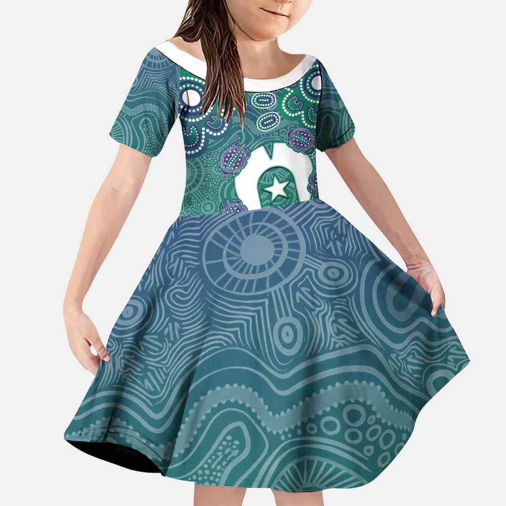 Sea Turtle Torres Strait Islands Kid Short Sleeve Dress Pacific Indigenous Australian Oceanic Dot Art