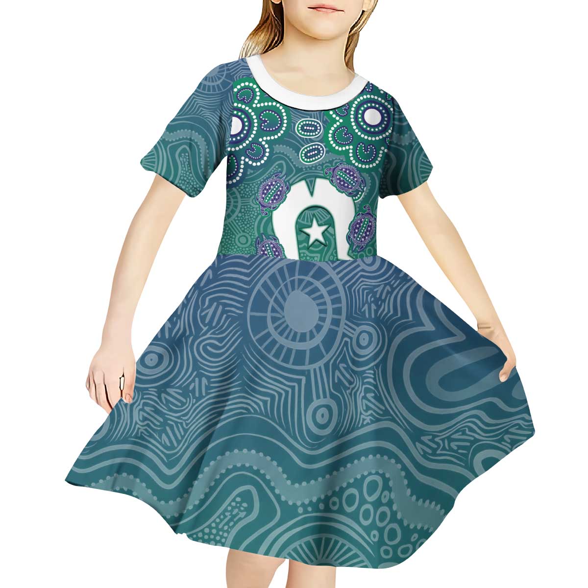Sea Turtle Torres Strait Islands Kid Short Sleeve Dress Pacific Indigenous Australian Oceanic Dot Art