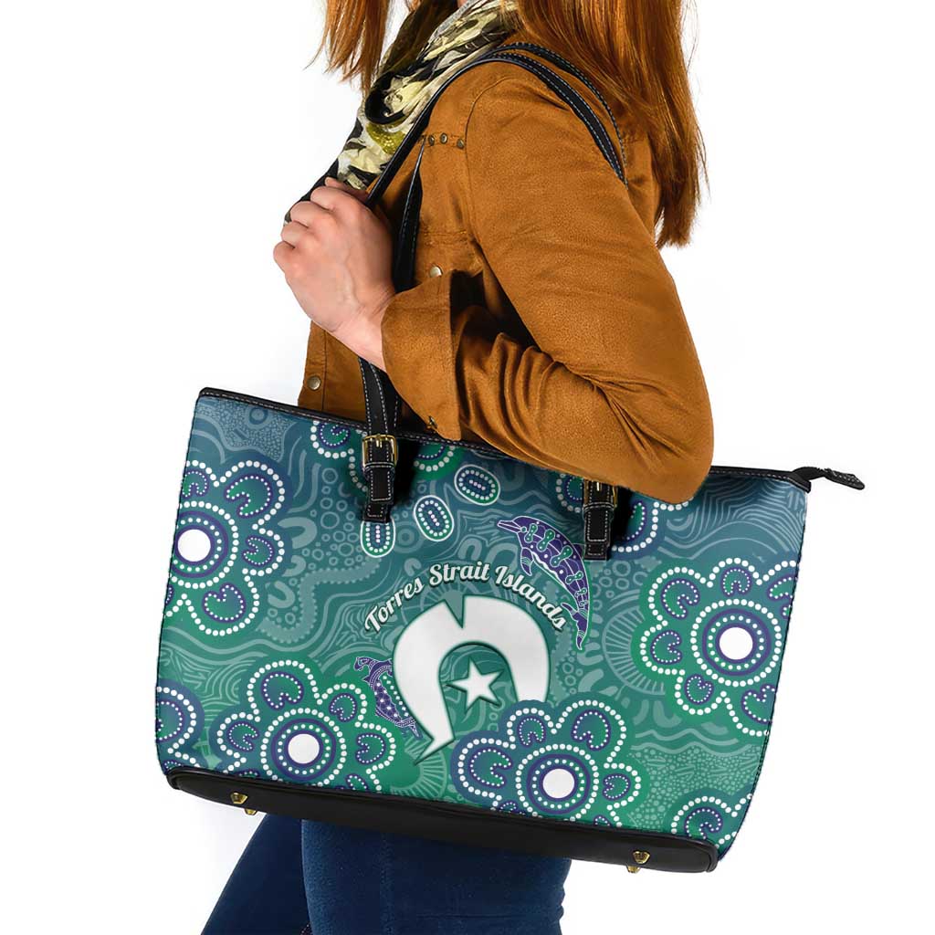 Sea Turtle Torres Strait Islands Leather Tote Bag Pacific Indigenous Australian Oceanic Dot Art