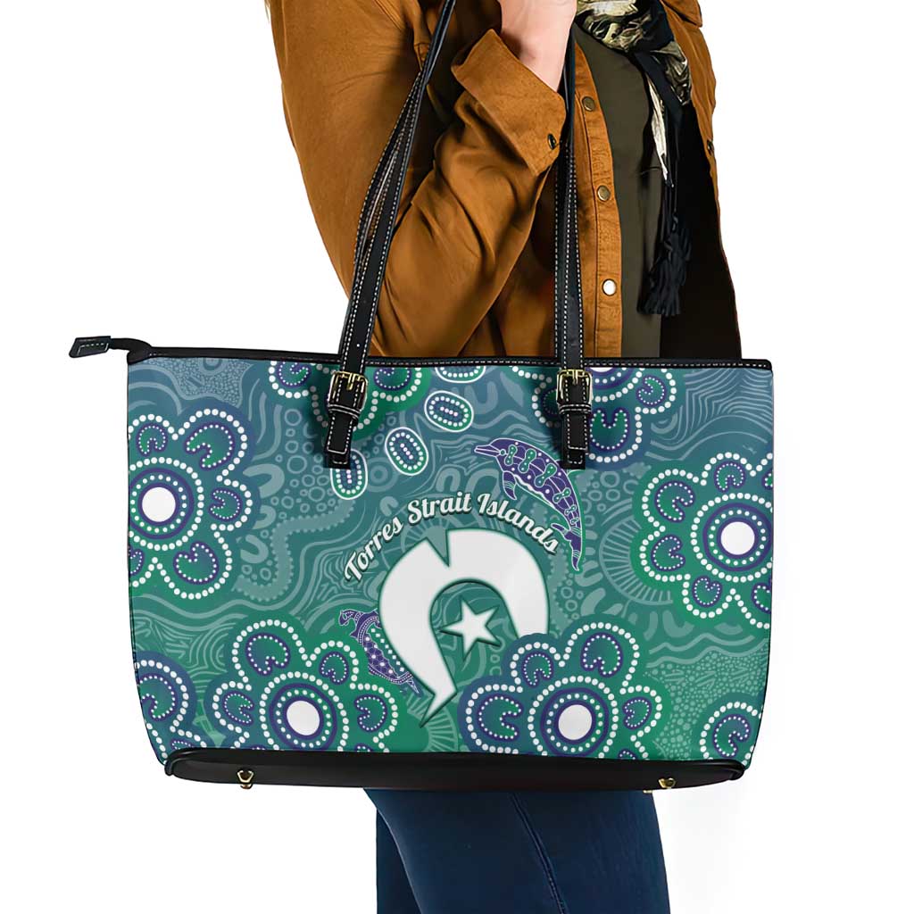 Sea Turtle Torres Strait Islands Leather Tote Bag Pacific Indigenous Australian Oceanic Dot Art