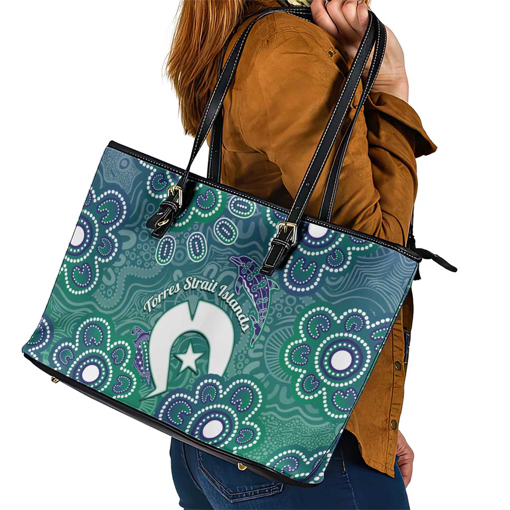 Sea Turtle Torres Strait Islands Leather Tote Bag Pacific Indigenous Australian Oceanic Dot Art