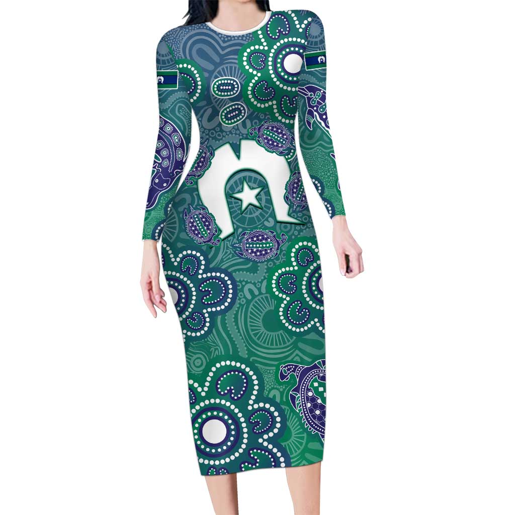 Sea Turtle Torres Strait Islands Long Sleeve Bodycon Dress Pacific Indigenous Australian Oceanic Dot Art