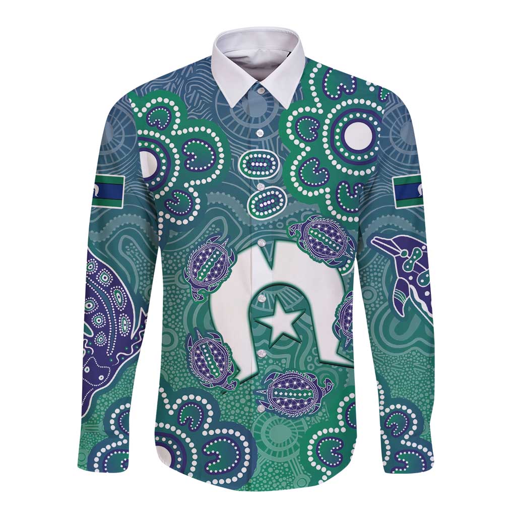 Sea Turtle Torres Strait Islands Long Sleeve Button Shirt Pacific Indigenous Australian Oceanic Dot Art