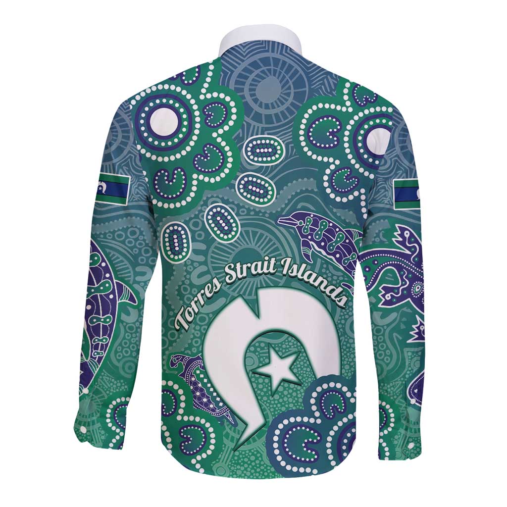 Sea Turtle Torres Strait Islands Long Sleeve Button Shirt Pacific Indigenous Australian Oceanic Dot Art