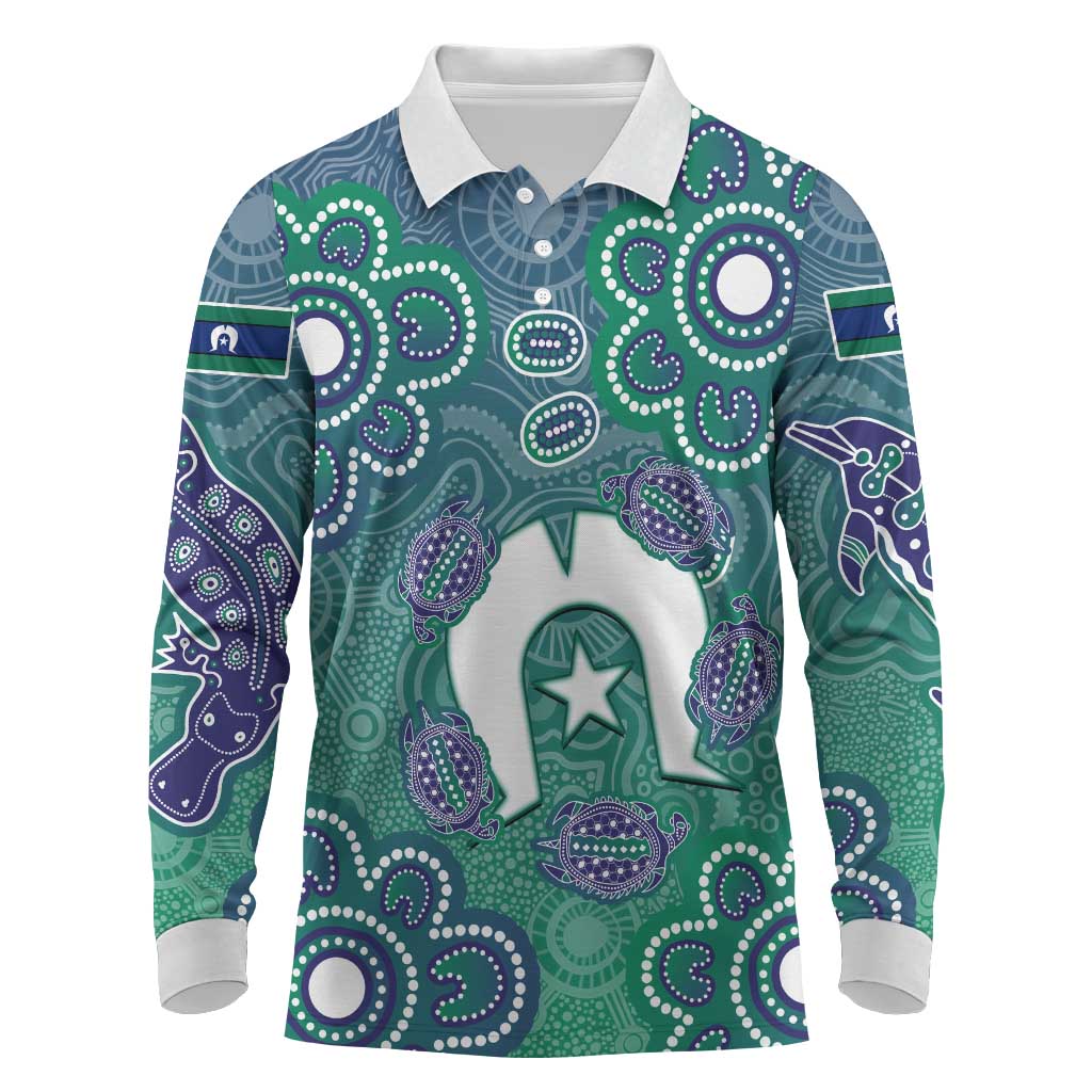 Sea Turtle Torres Strait Islands Long Sleeve Polo Shirt Pacific Indigenous Australian Oceanic Dot Art