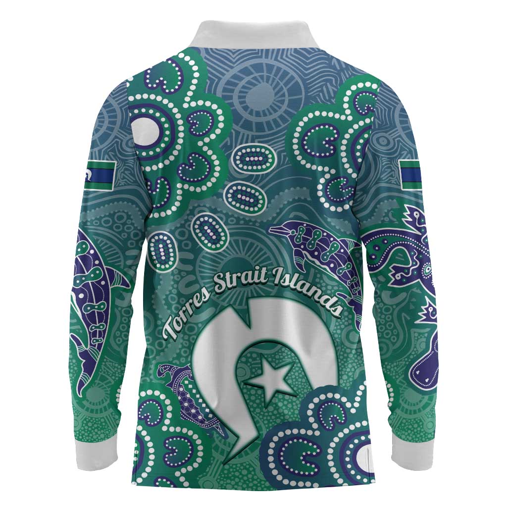 Sea Turtle Torres Strait Islands Long Sleeve Polo Shirt Pacific Indigenous Australian Oceanic Dot Art