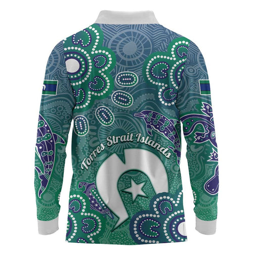 Sea Turtle Torres Strait Islands Long Sleeve Polo Shirt Pacific Indigenous Australian Oceanic Dot Art