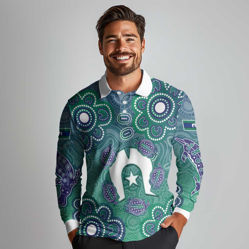 Sea Turtle Torres Strait Islands Long Sleeve Polo Shirt Pacific Indigenous Australian Oceanic Dot Art