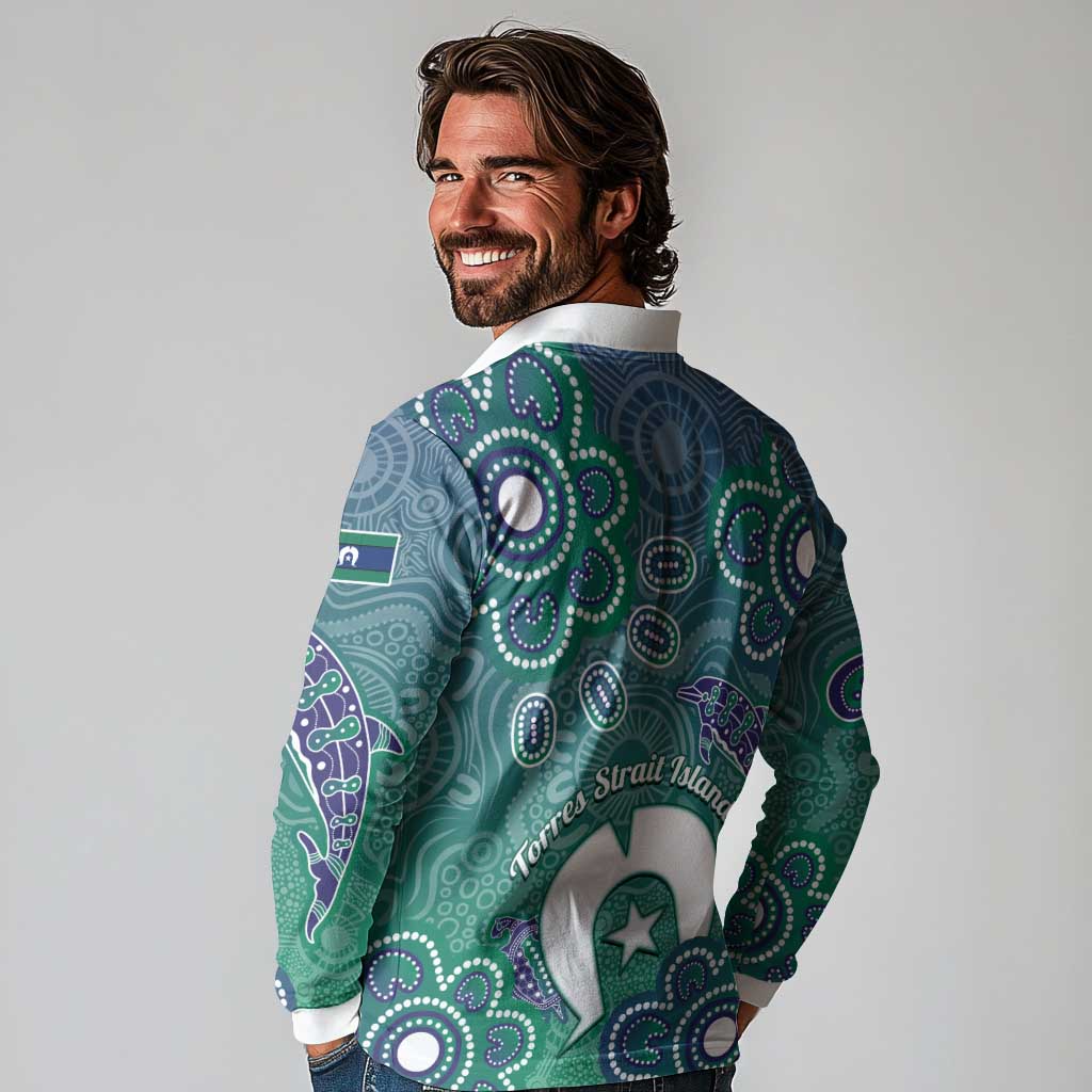 Sea Turtle Torres Strait Islands Long Sleeve Polo Shirt Pacific Indigenous Australian Oceanic Dot Art