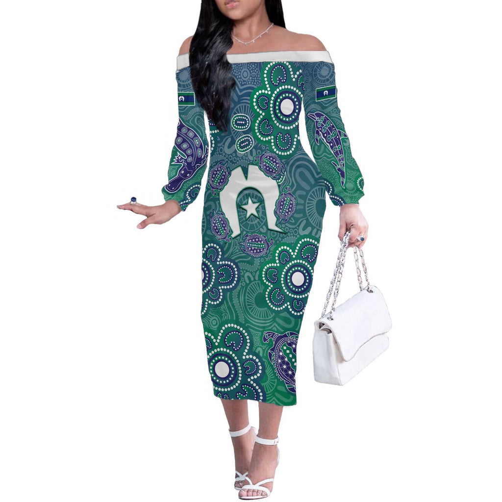Sea Turtle Torres Strait Islands Off The Shoulder Long Sleeve Dress Pacific Indigenous Australian Oceanic Dot Art