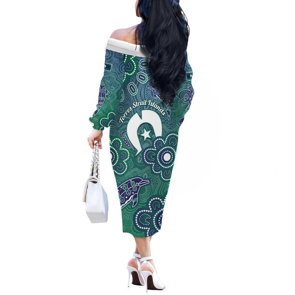Sea Turtle Torres Strait Islands Off The Shoulder Long Sleeve Dress Pacific Indigenous Australian Oceanic Dot Art