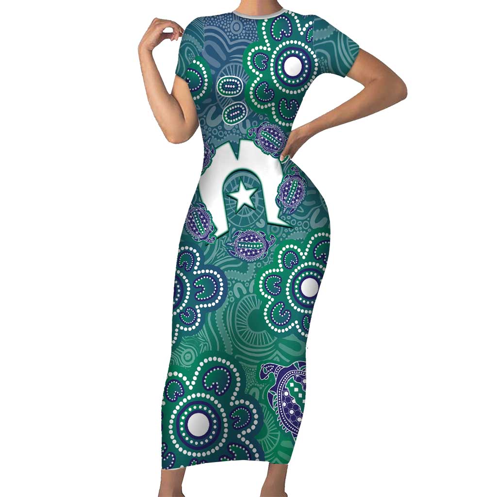 Sea Turtle Torres Strait Islands Short Sleeve Bodycon Dress Pacific Indigenous Australian Oceanic Dot Art