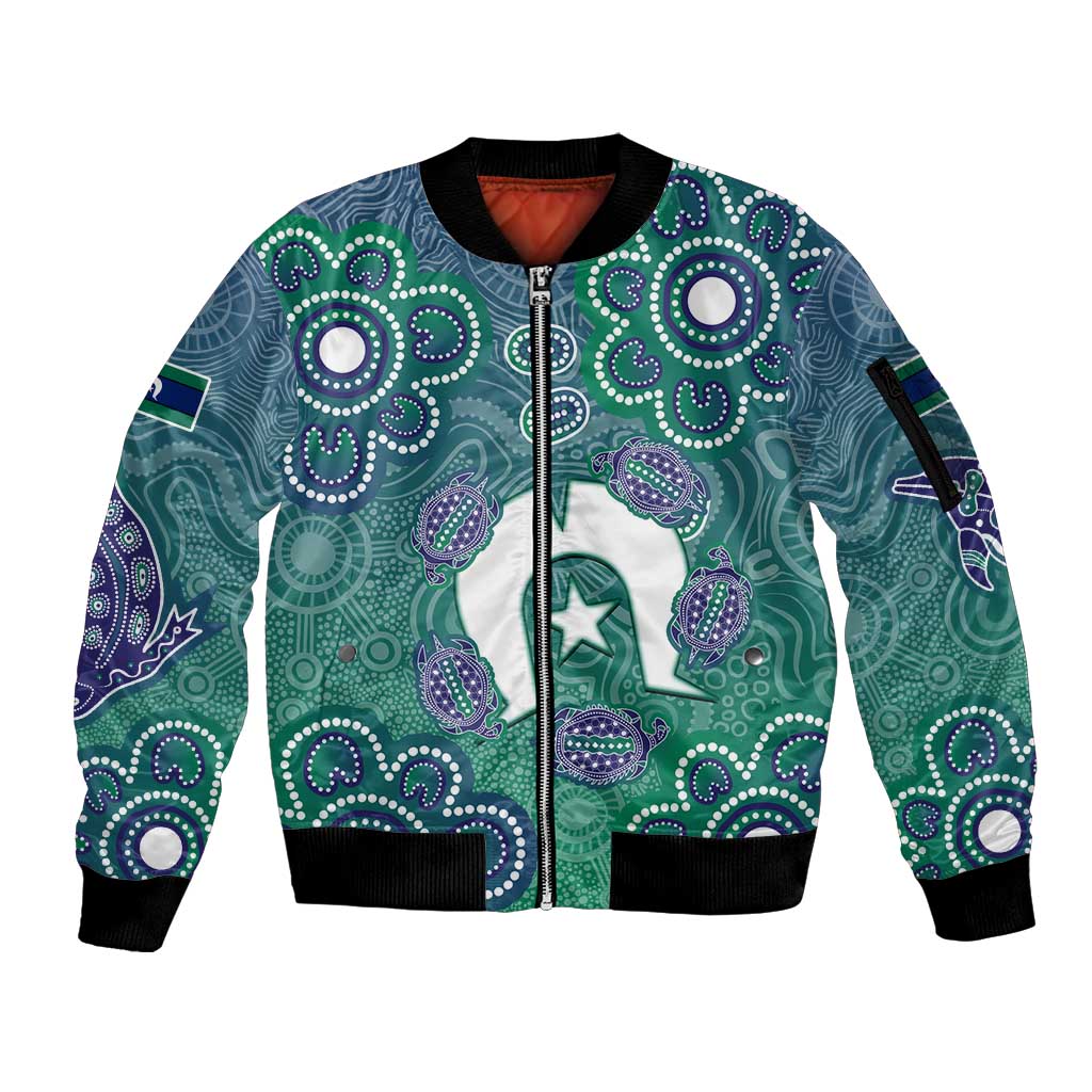 Sea Turtle Torres Strait Islands Sleeve Zip Bomber Jacket Pacific Indigenous Australian Oceanic Dot Art