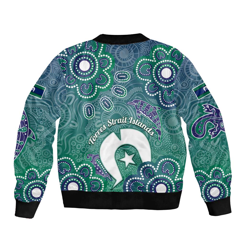 Sea Turtle Torres Strait Islands Sleeve Zip Bomber Jacket Pacific Indigenous Australian Oceanic Dot Art