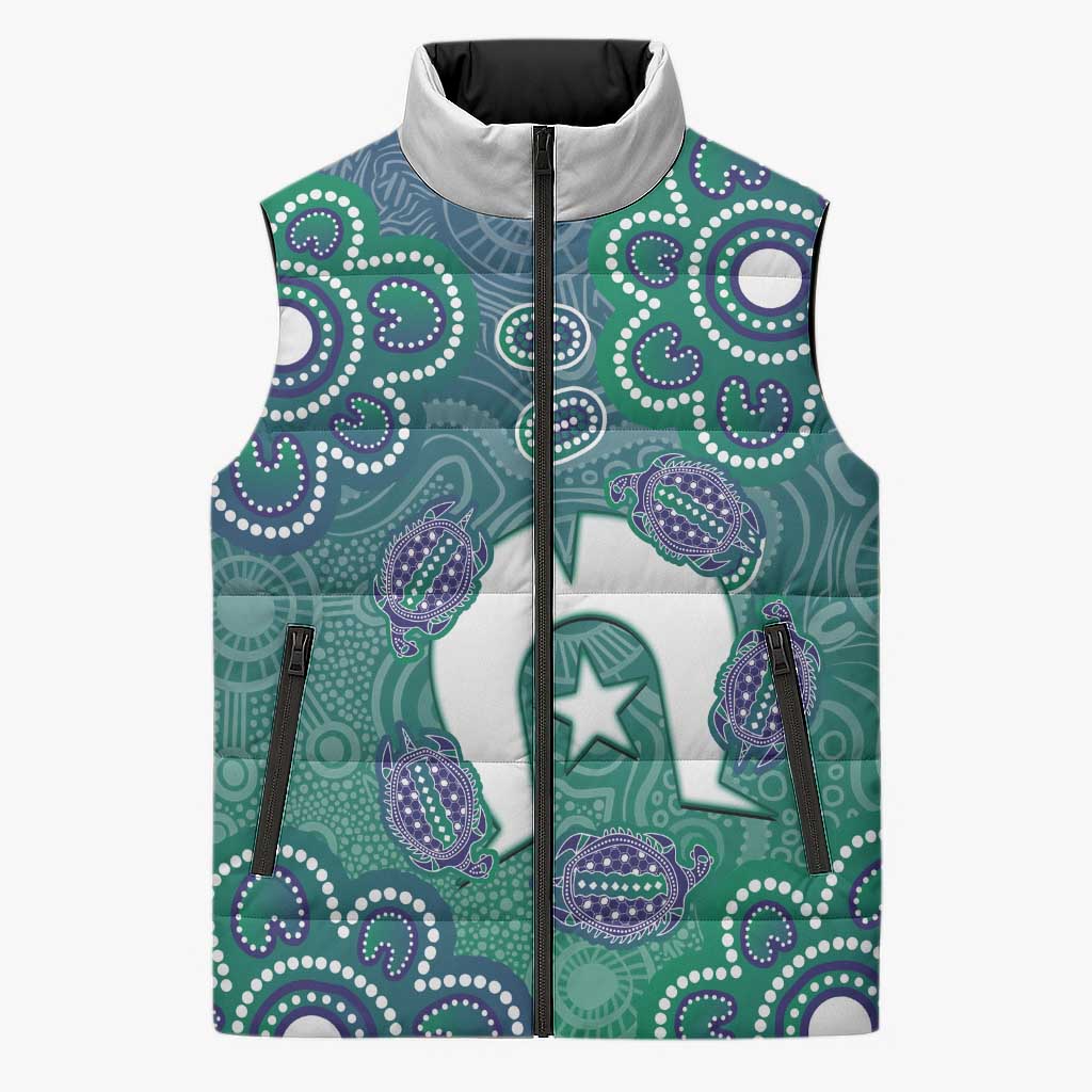 Sea Turtle Torres Strait Islands Sleeveless Puffer Jacket Pacific Indigenous Australian Oceanic Dot Art