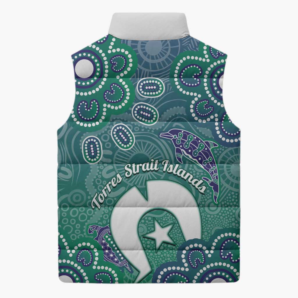 Sea Turtle Torres Strait Islands Sleeveless Puffer Jacket Pacific Indigenous Australian Oceanic Dot Art
