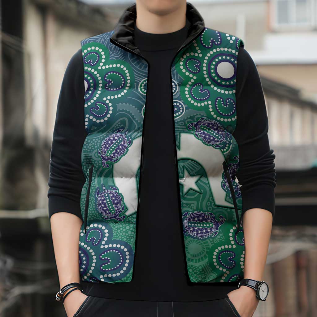 Sea Turtle Torres Strait Islands Sleeveless Puffer Jacket Pacific Indigenous Australian Oceanic Dot Art