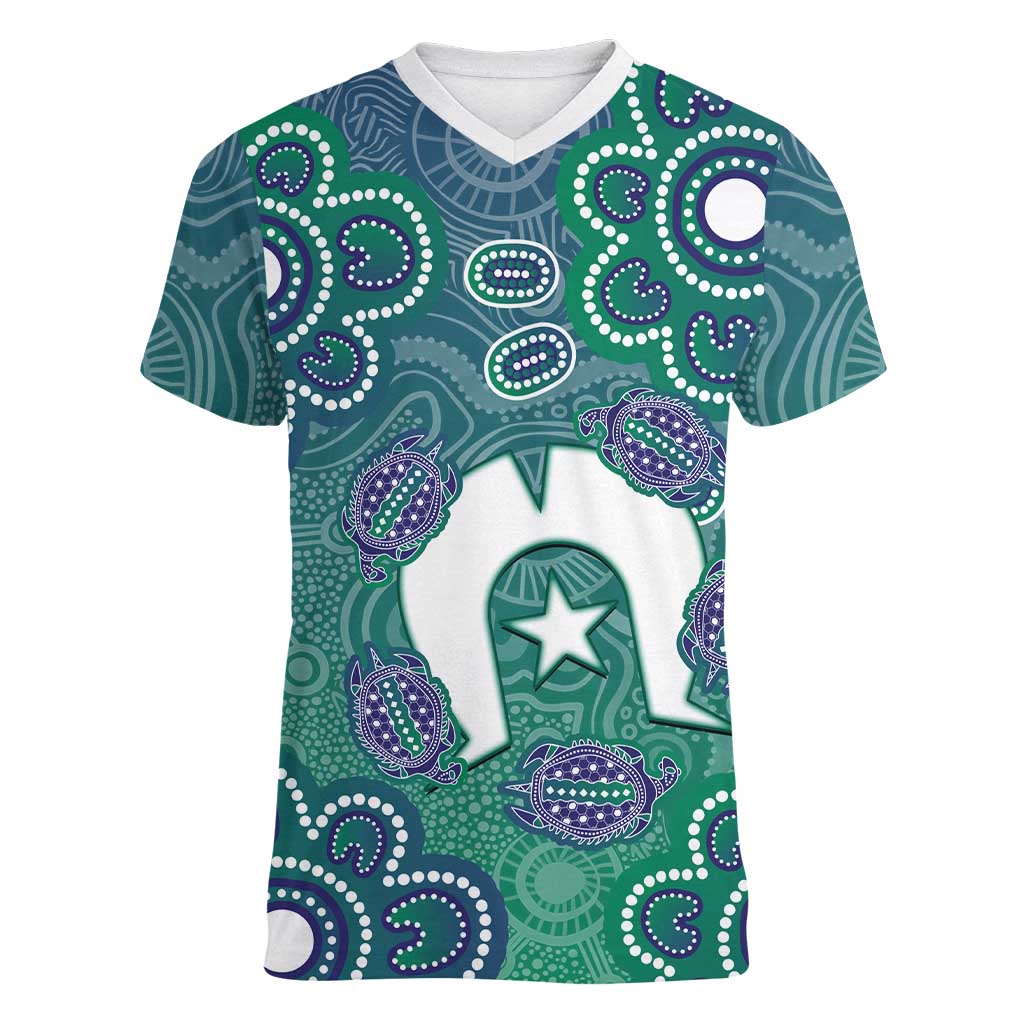 Sea Turtle Torres Strait Islands Women V-Neck T-Shirt Pacific Indigenous Australian Oceanic Dot Art