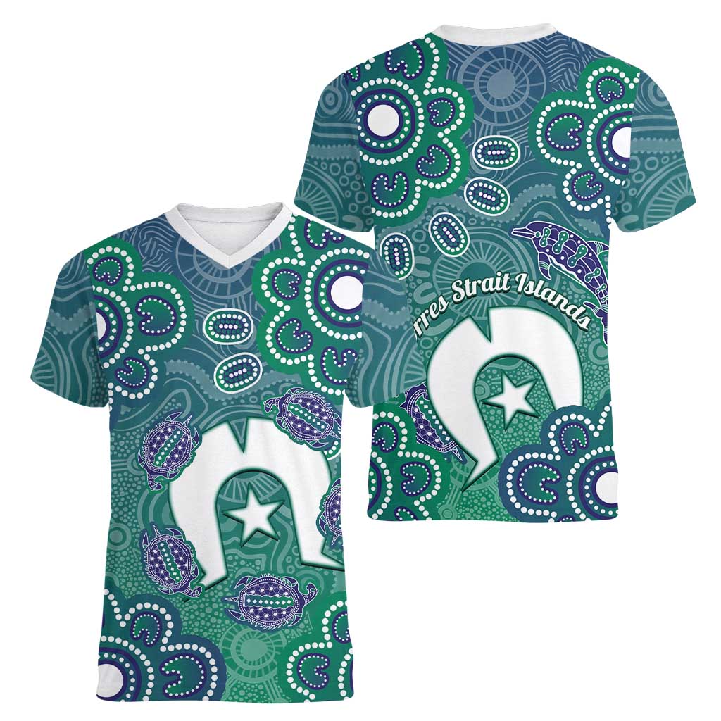 Sea Turtle Torres Strait Islands Women V-Neck T-Shirt Pacific Indigenous Australian Oceanic Dot Art