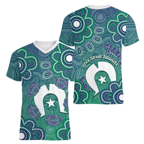 Sea Turtle Torres Strait Islands Women V-Neck T-Shirt Pacific Indigenous Australian Oceanic Dot Art