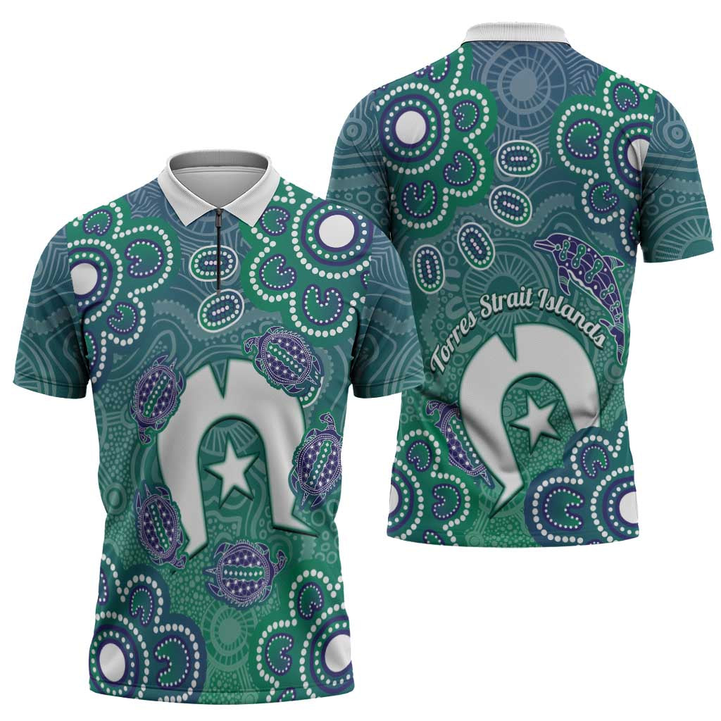 Sea Turtle Torres Strait Islands Zipper Polo Shirt Pacific Indigenous Australian Oceanic Dot Art