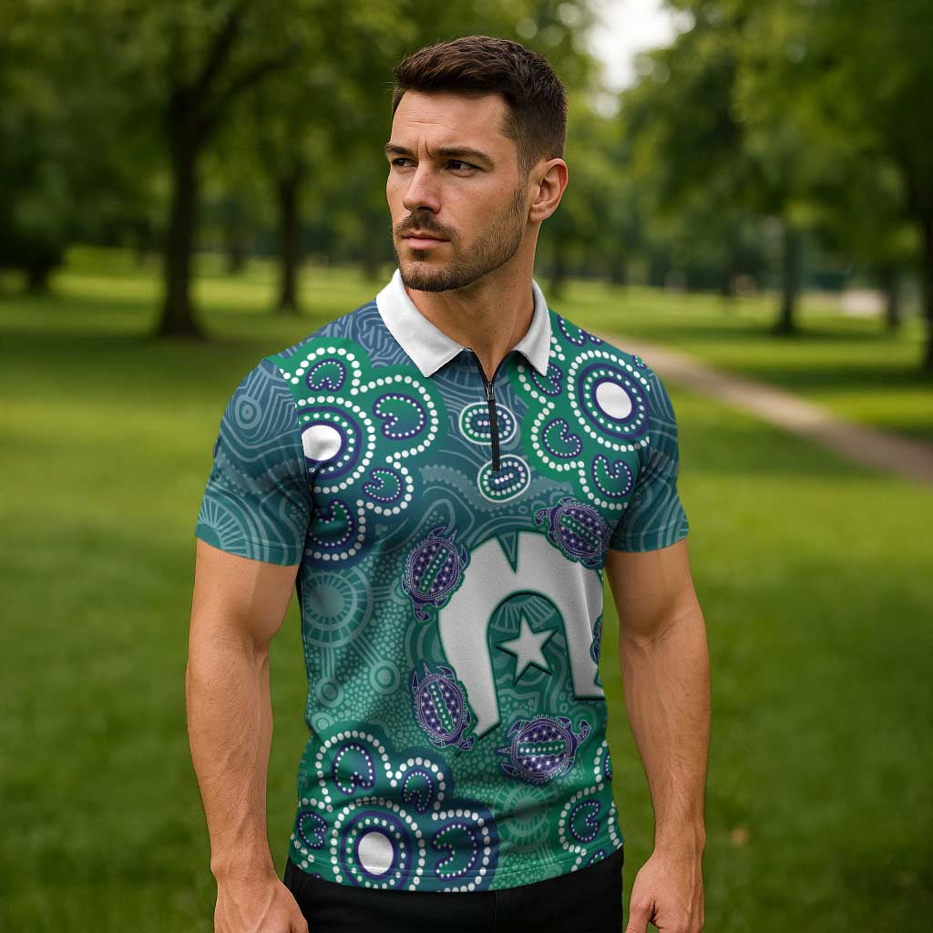 Sea Turtle Torres Strait Islands Zipper Polo Shirt Pacific Indigenous Australian Oceanic Dot Art