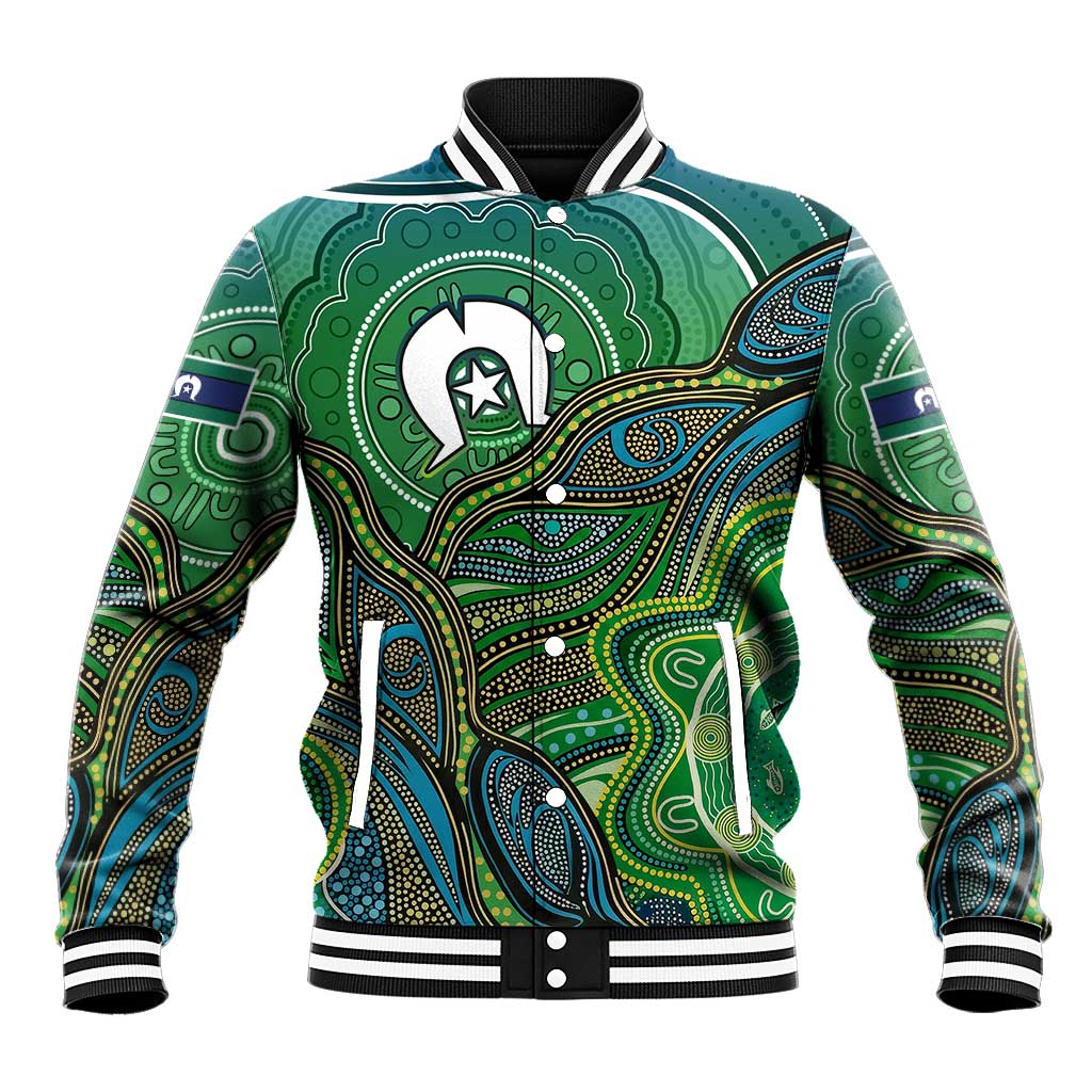 Torres Strait Islands Baseball Jacket Indigenous Ocean Wave Dot Green Color