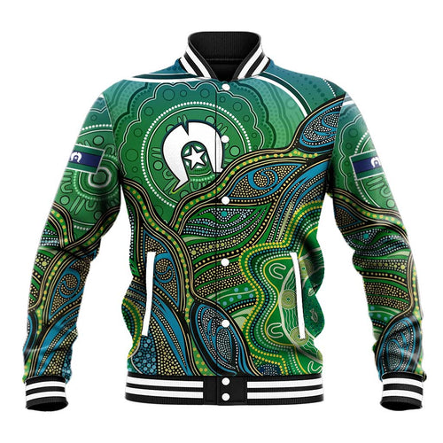 Torres Strait Islands Baseball Jacket Indigenous Ocean Wave Dot Green Color