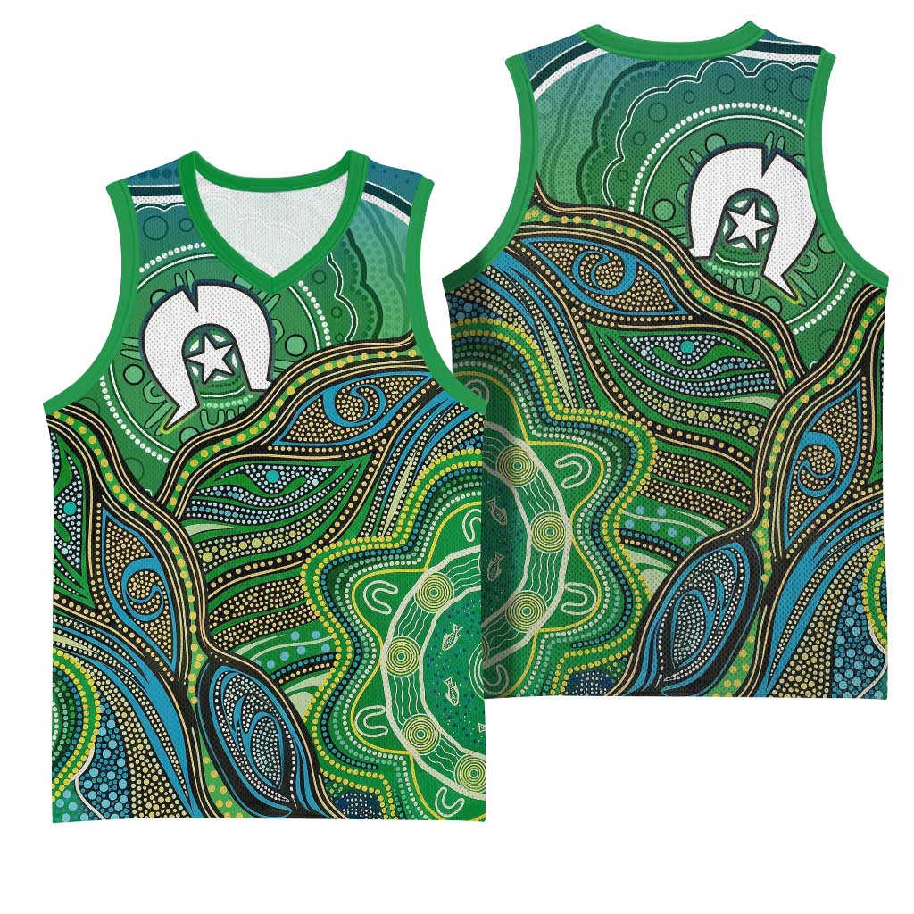 Torres Strait Islands Basketball Jersey Indigenous Ocean Wave Dot Green Color
