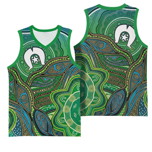 Torres Strait Islands Basketball Jersey Indigenous Ocean Wave Dot Green Color